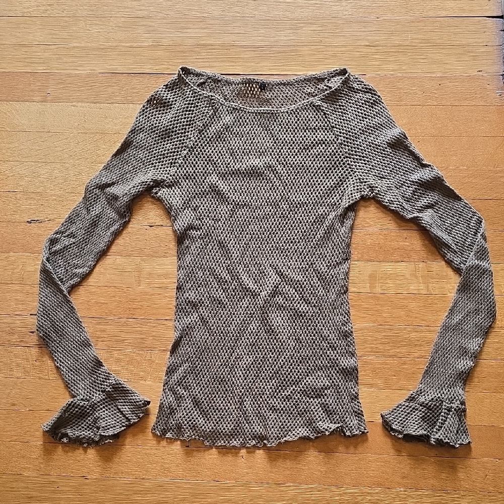 Unbranded, Waffle Knit Ruffle Bell Sleeve Long Sleeve Top Olive Brown VGUC, L
